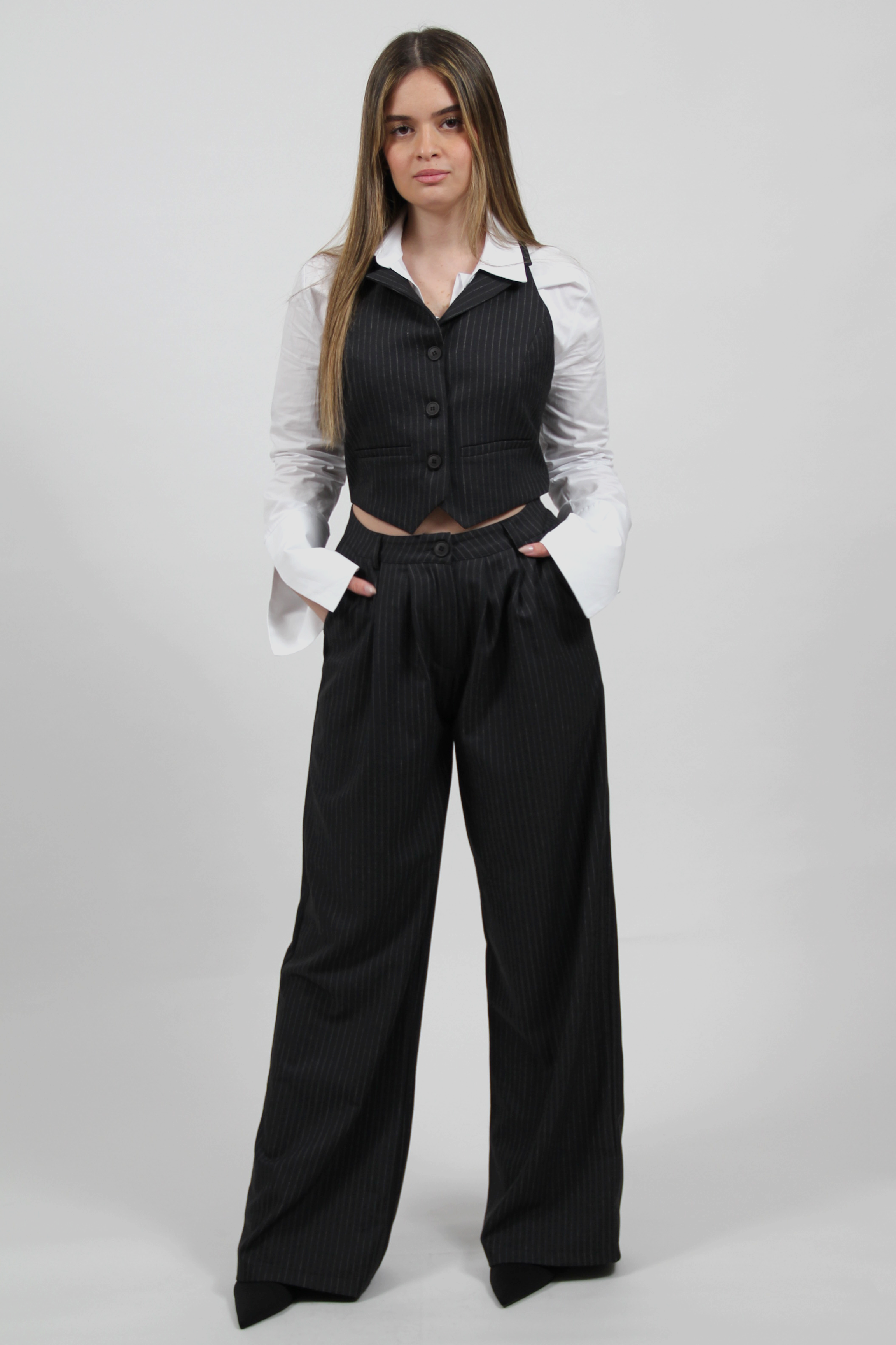 SUPER WIDE AUDREY STRIPED PANTS BLACK